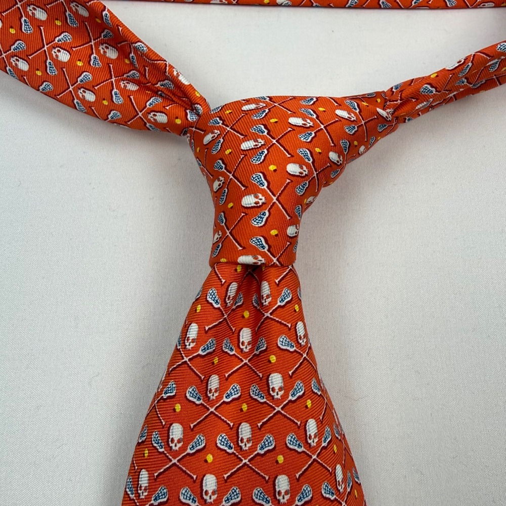 Bird Dog Bay Mens Orange Lacrosse Stick Skull Print Silk Neck Tie - Picture 5 of 7